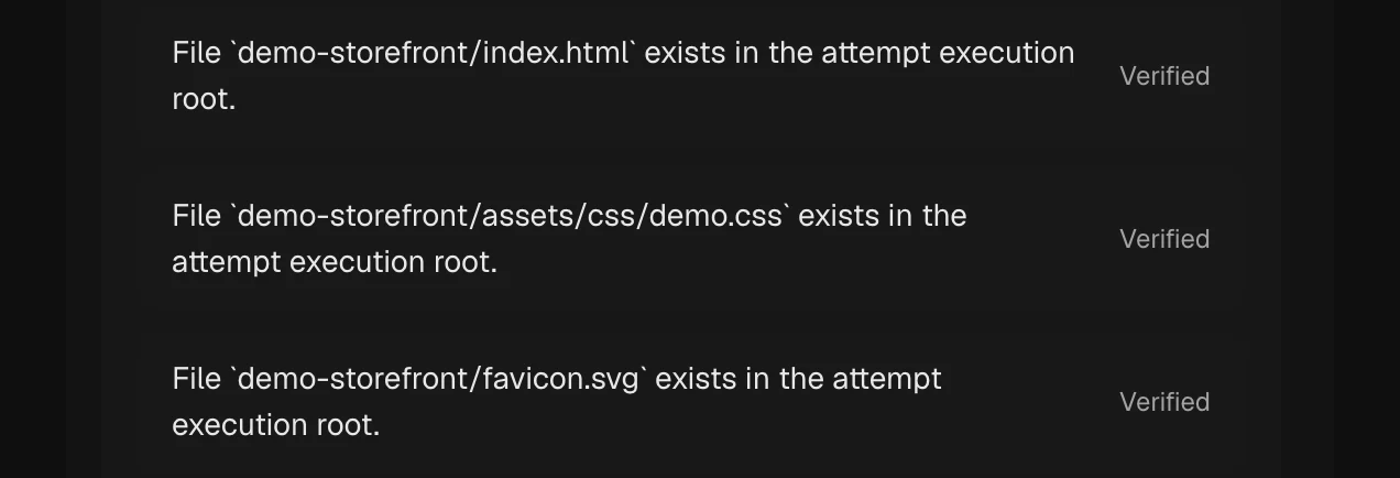 The evidence rows of a real order: three file paths — demo-storefront/index.html, assets/css/demo.css, favicon.svg — each individually marked verified.